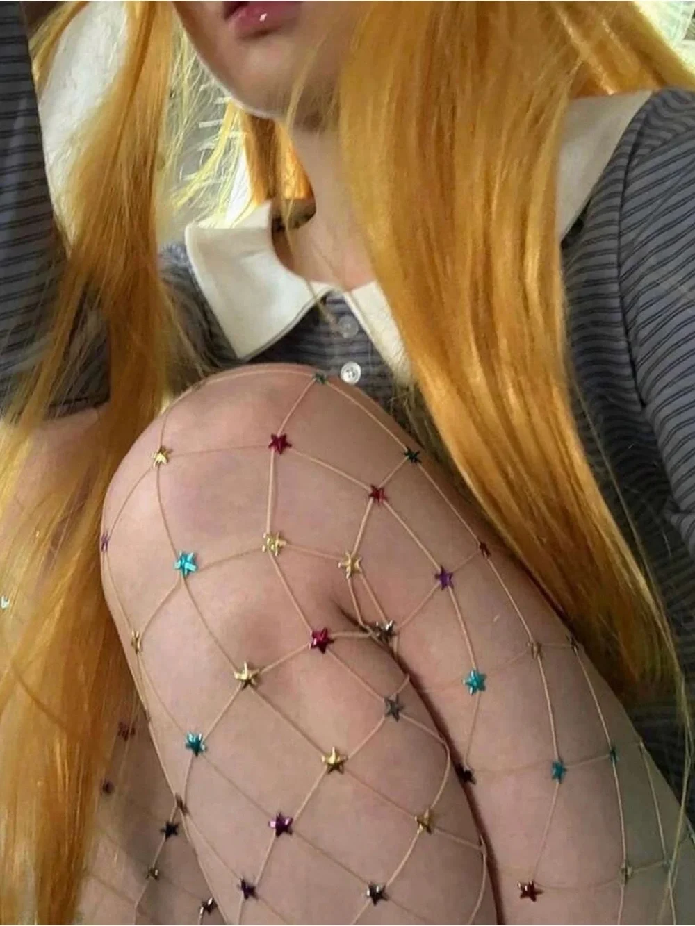 Rhinestone Fishnet Tights - Multi-Color Embellished Women’s Accessory